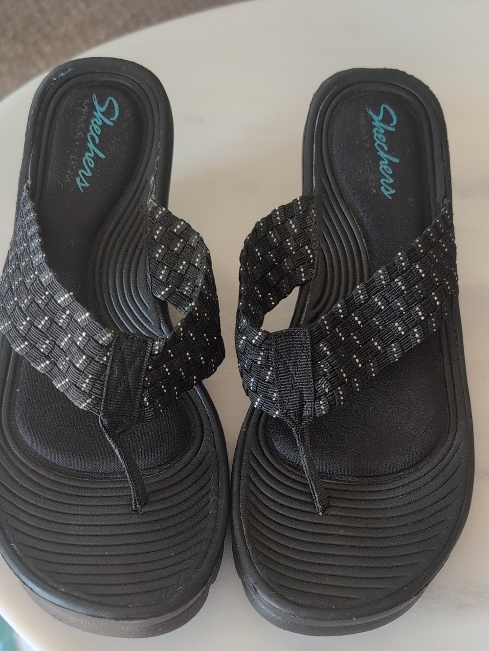 Skechers Women's Black Woven Thong Sandals with Silver Accent